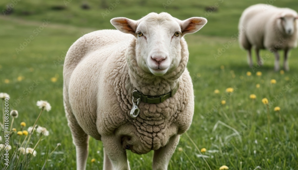 Obraz premium Fluffy Sheep in Green Pasture Farm Animal Wool Nature