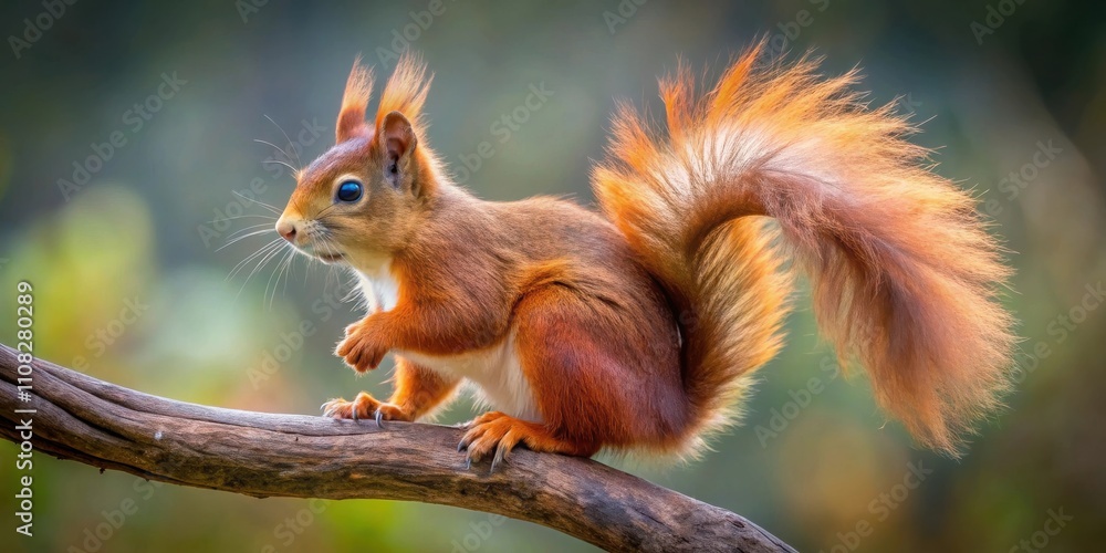 Obraz premium A Red Squirrel Perched on a Branch, Its Fluffy Tail Curled Around Its Body as It Glances to the Side