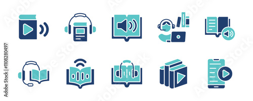 audiobook icon set podcast earphones listen book online library signs vector illustration business audio book media education symbol design