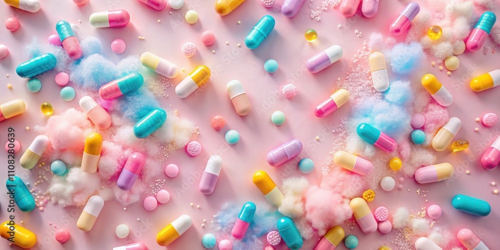 A whimsical arrangement of pastel-colored capsules scattered across a pink surface, surrounded by fluffy clouds of cotton candy and sprinkles. A whimsical arrangement of pastel-colored capsules scattered across a pink surface, surrounded by fluffy clouds of cotton candy and sprinkles.