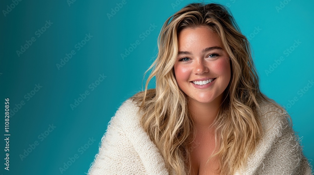Obraz premium Bright Smiling Young Woman in Cozy Sweater Against Aqua Background