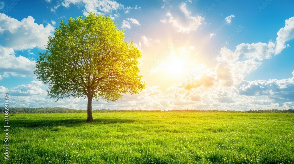 Obraz premium Beautiful tree in a green field with a bright blue sky