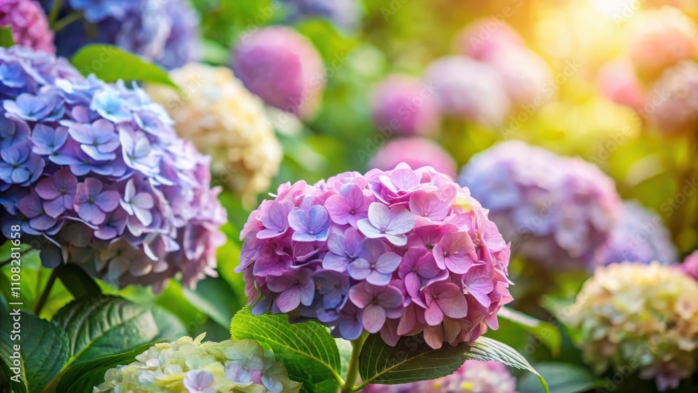 Obraz premium A vibrant cluster of pink and blue hydrangeas blooms in the summer sun, surrounded by a soft, blurred background of other flowers and greenery.