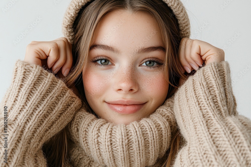 Happy Young Woman in Cozy Sweater Smiling at Camera with Joy Happy Young Woman in Cozy Sweater Smiling at Camera with Joy
