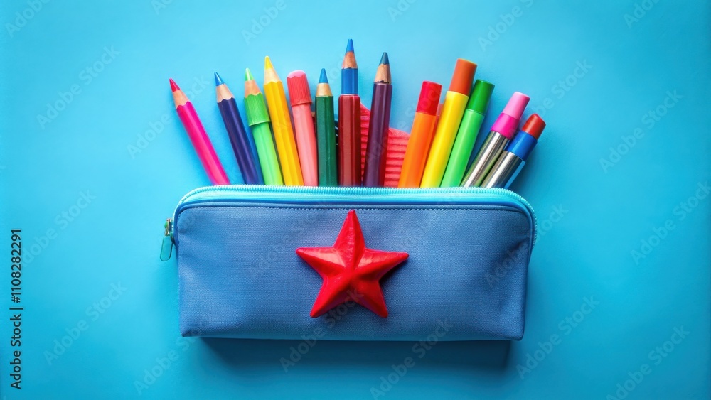 Fototapeta premium A blue pencil case bursting with color, a star-shaped charm adorns the front, a symbol of creativity and imagination.