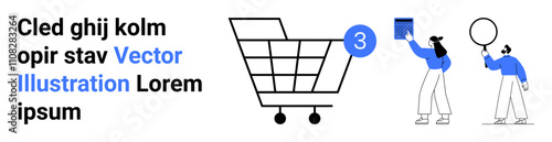 Shopping cart with the number 3, a man holding a sign, and a woman with a balloon in the context of marketing and shopping. Ideal for e-commerce, shopping themes, user interface design, online