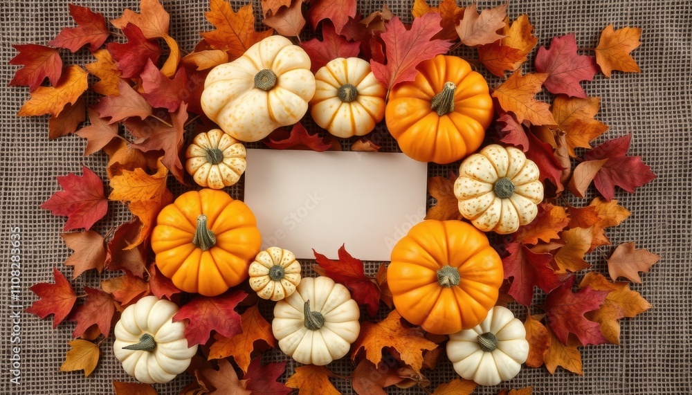 Fototapeta premium Autumn Harvest Pumpkins Fall Leaves Blank Card
