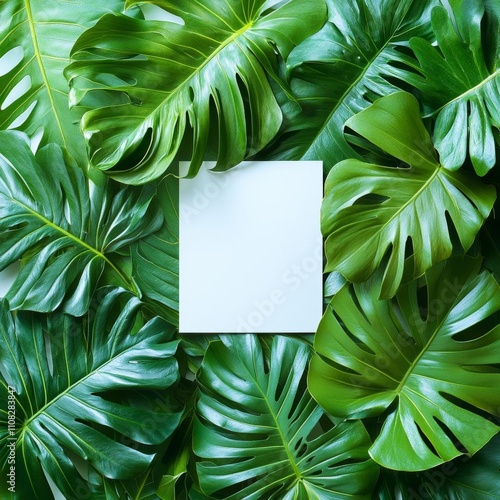 photostock of Creative layout made of tropical leaves with paper card note. Flat lay. Nature concept. , isolated on white background photo