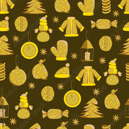 Seamless pattern with elements of Christmas, New Year, winter tinsel in gold tones on a brown background 