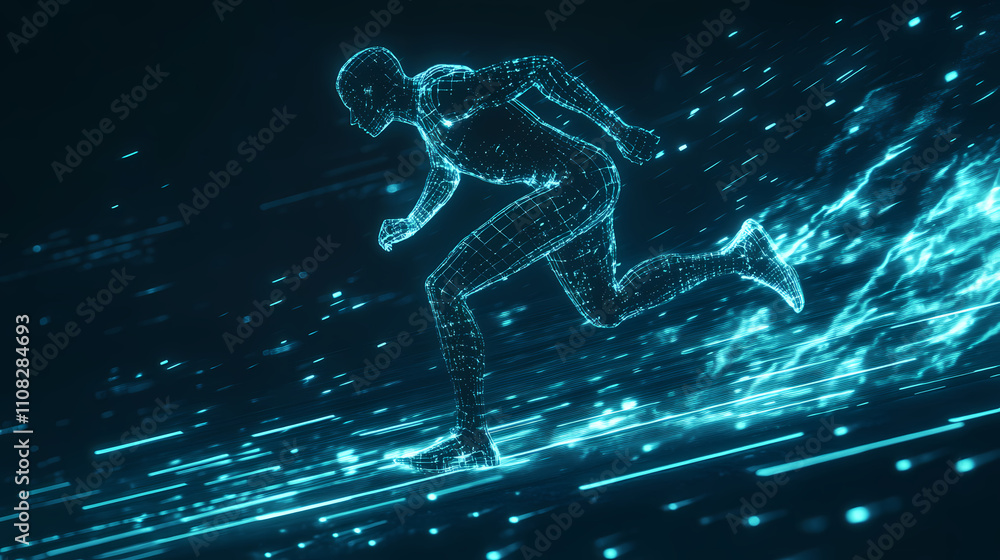 Runner with digital structure and blue glow - this depicts a stylized human figure in motion, digitally structured with a vibrant blue glow, symbolizing movement and technology. Luminous. Illustration Runner with digital structure and blue glow - this depicts a stylized human figure in motion, digitally structured with a vibrant blue glow, symbolizing movement and technology. Luminous. Illustration