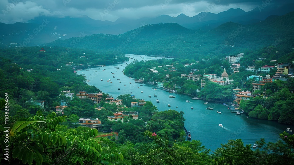 Obraz premium A serene river landscape surrounded by mountains and lush greenery, showcasing tranquility.