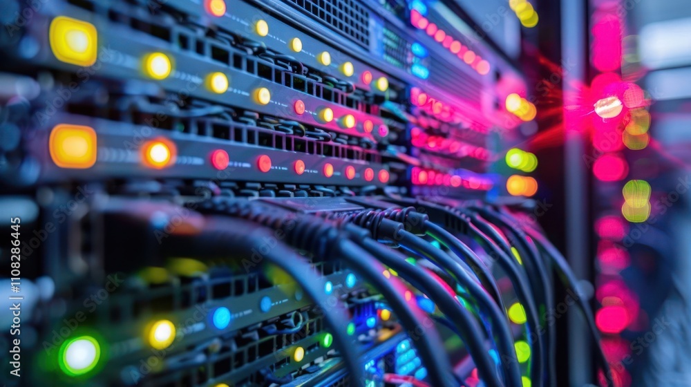 Fototapeta premium A close-up of server racks with colorful lights and cables, illustrating technology infrastructure.