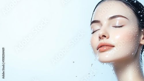 Relaxing Skincare Moment: Serene Woman in Calming Landscape with Glowing Skin and Minimalist White Background. photo