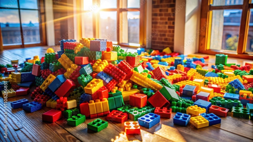 Fototapeta premium A Colorful Pile of Plastic Building Blocks Scattered on a Wooden Floor with Sunlight Streaming In