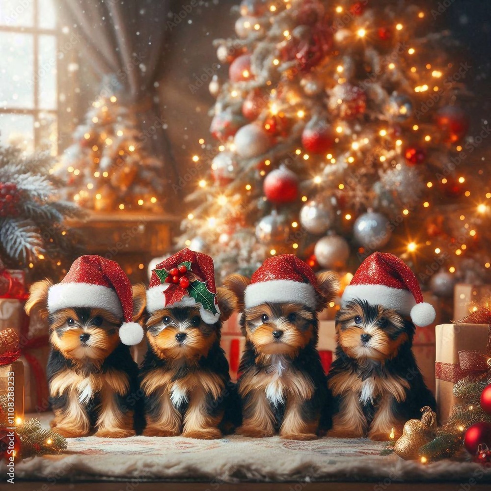Festive Yorkshire Terrier Puppies by the Christmas Tree Festive Yorkshire Terrier Puppies by the Christmas Tree