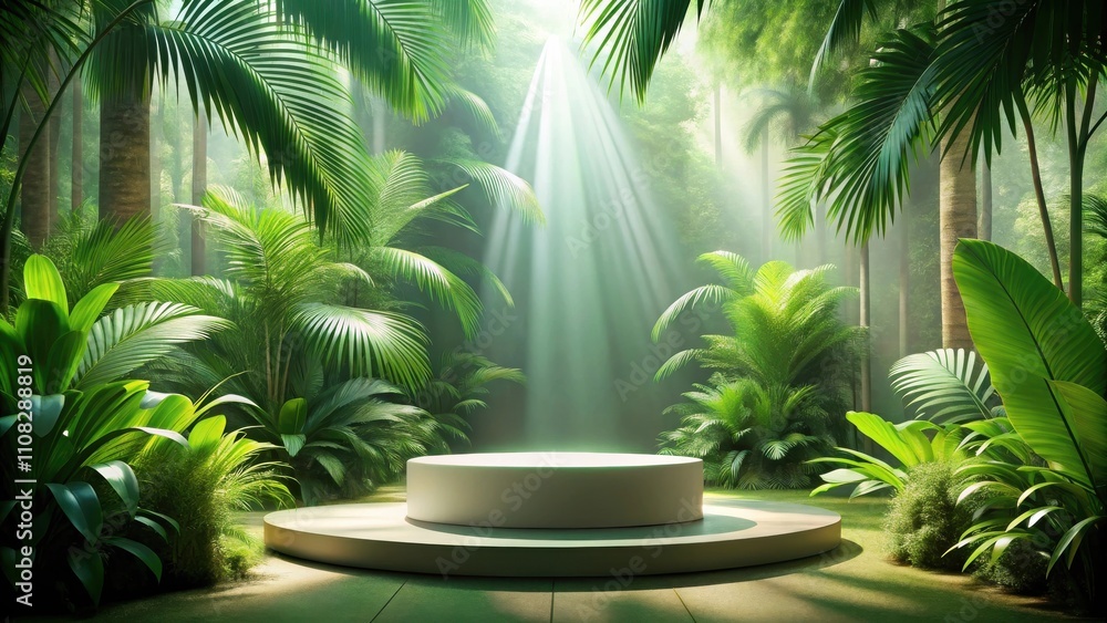 Fototapeta premium A Sunlit Clearing in a Lush Tropical Forest with a Circular Pedestal in the Center