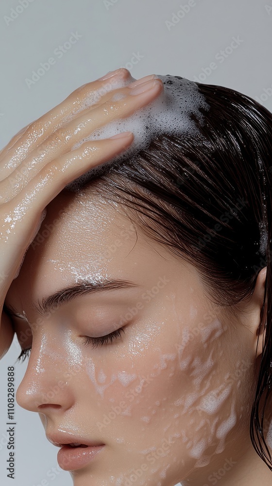 Naklejka premium Contemplative Skincare Moment: Neutral-Faced Woman with Soap Bar, Moody Expression, Contemporary Portrait Photography.