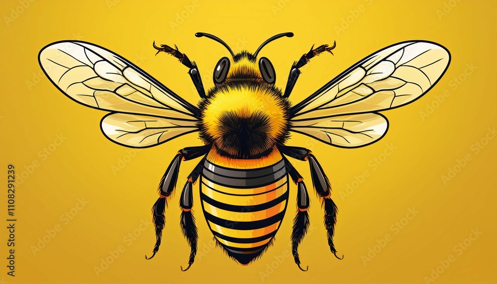 Fototapeta premium a vibrant illustration of a bee with iconic black and yellow stripes on a bright yellow background perfect for nature themes educational content and sustainability campaigns