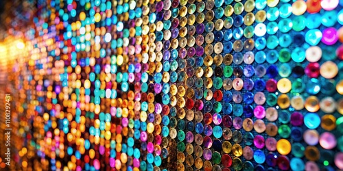 Abstract Blurred Background of Colorful Sequins Arranged in Rows, Creating a Playful and Festive Texture