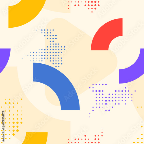 Vector illustration. Vibrant color seamless cool bright background with semi circle shapes and halftone dots. Design elements for social media template, web banner. Neo memphis pattern vintage style