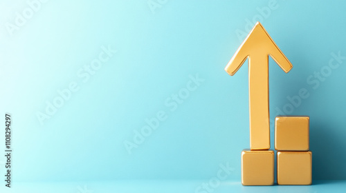 Golden arrow made of blocks pointing upward, symbolizing growth or success against a light blue background. Minimalistic design emphasizes upward progression and potential.
