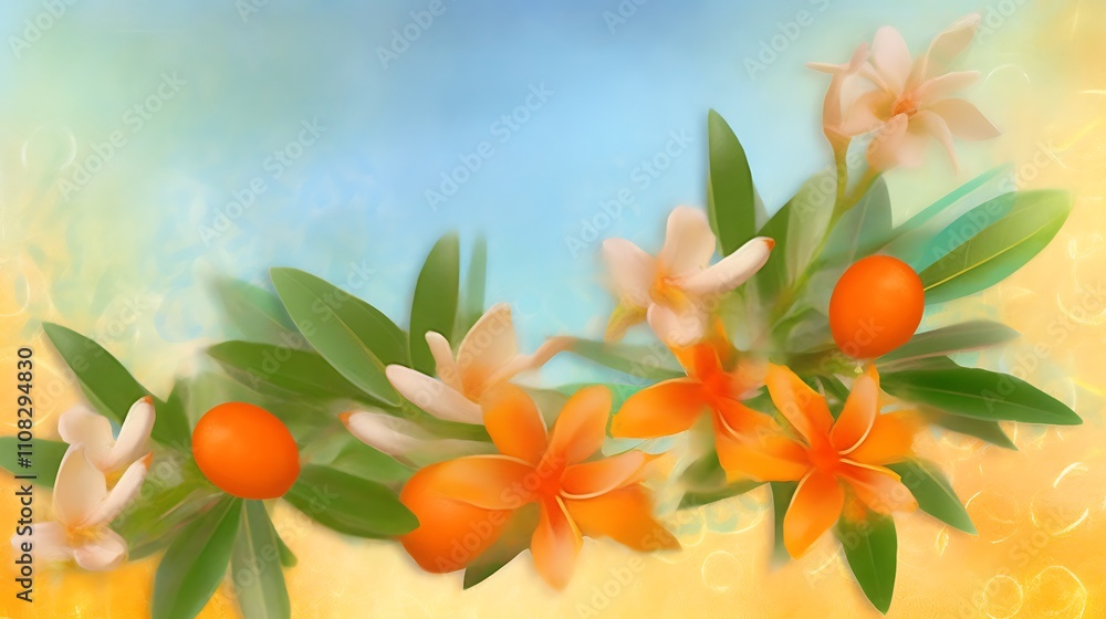 Fototapeta premium Orange and White Plumeria Flowers with Green Leaves