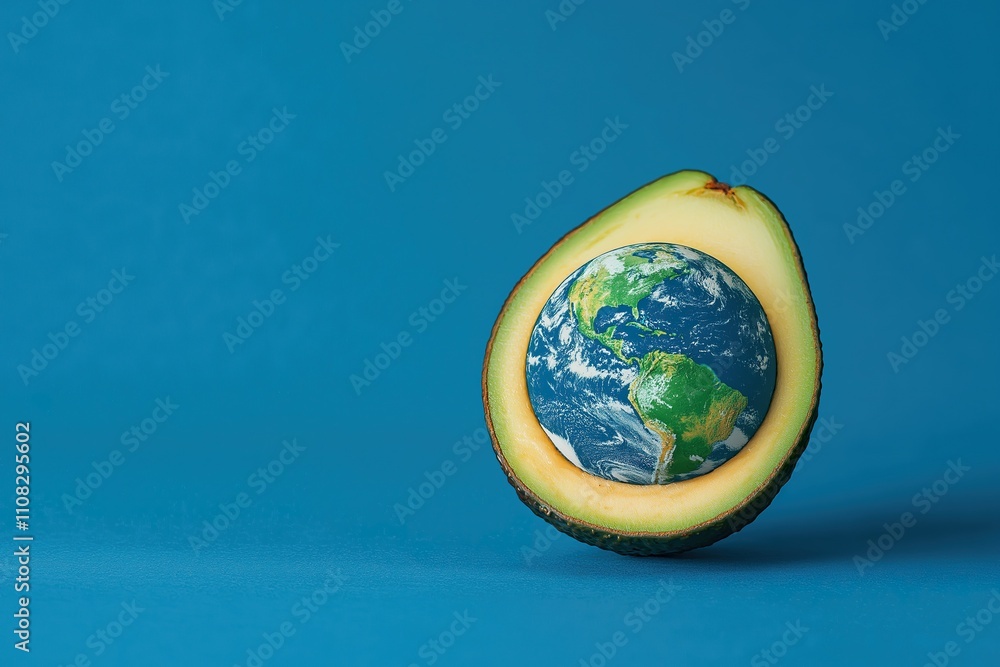 Fototapeta premium A halved avocado showcasing Earth’s globe in the seed area on a blue backdrop