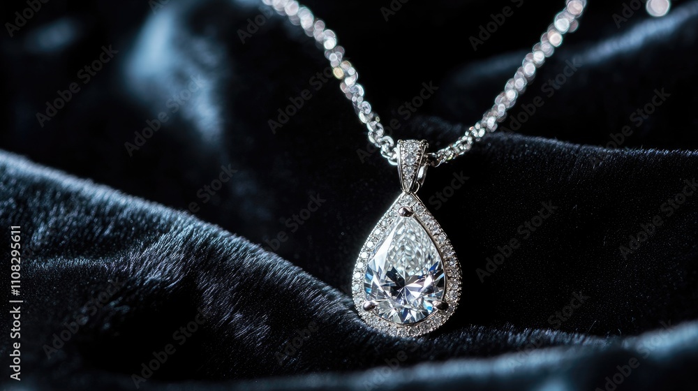 Fototapeta premium Elegant Silver Necklace with Diamond Teardrop Pendant on Black Fabric