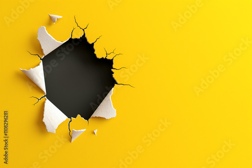Ripped paper with hole isolated on yellow background, black,white color of the hole. This image can be used as a banner or print materials, suitable for designer and creative people.