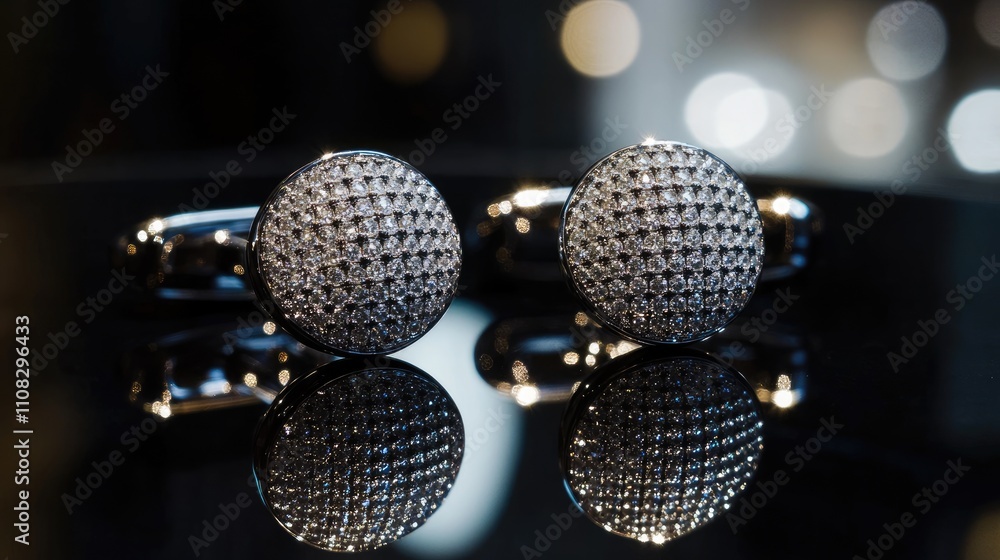 Obraz premium Elegant Diamond-Studded Cufflinks on Glossy Black Surface