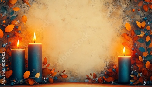 A cozy autumn scene with glowing candles and vibrant foliage, perfect for Hanukkah cards or seasonal decor, creating a tranquil and intimate atmosphere. photo