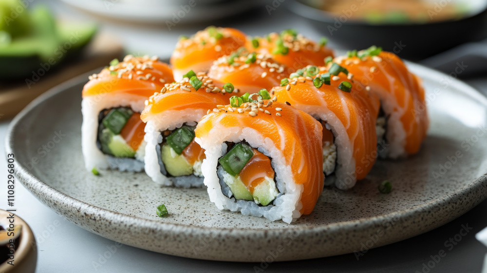 Delicious salmon sushi rolls, perfect for a light meal or appetizer. The vibrant orange salmon contrasts beautifully with the creamy white rice. Delicious salmon sushi rolls, perfect for a light meal or appetizer. The vibrant orange salmon contrasts beautifully with the creamy white rice.
