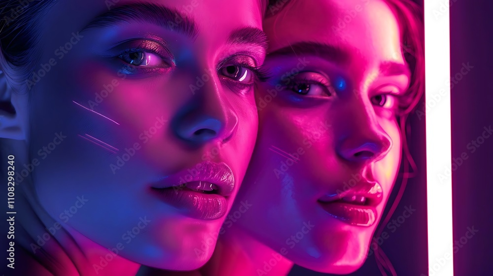 Fototapeta premium Close-up portrait of two young women with neon lighting, showcasing their faces and makeup.