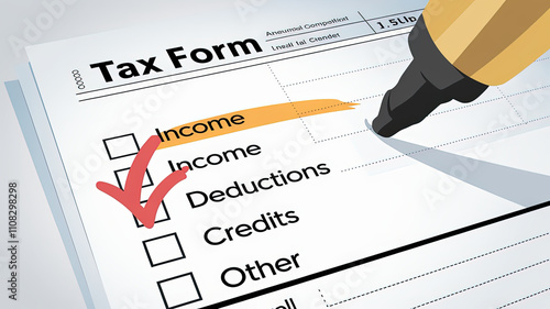 tax form with checkboxes for income, deductions, and credits is being filled out with red checkmark and highlighted with yellow marker