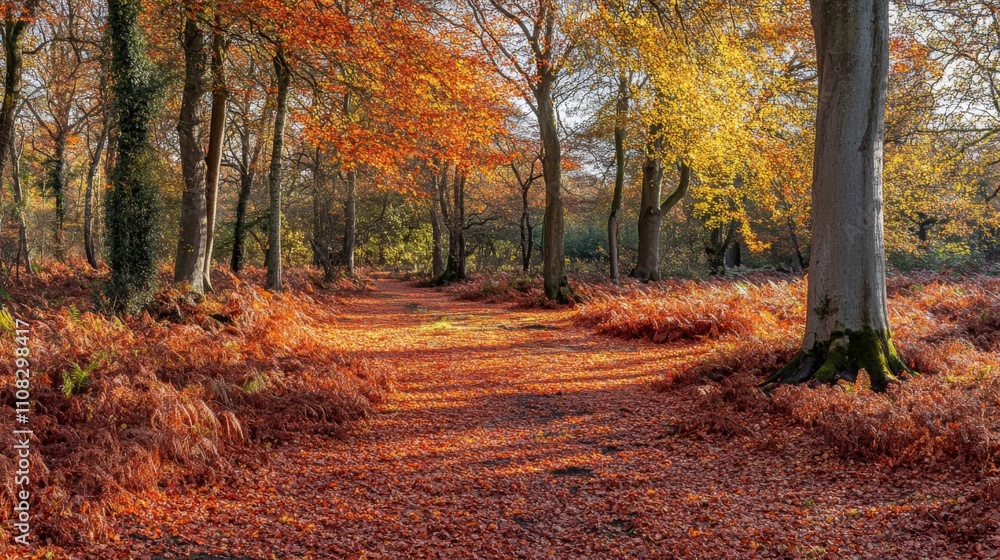 Fototapeta premium Autumnal Forest Path with Fallen Leaves and Tree Trunks