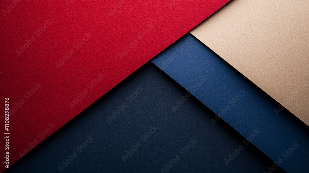 Fototapeta premium Minimalist background with three colored paper sheets in red, blue, and beige