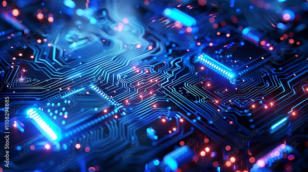 Fototapeta premium Circuit Board with Blue and Red Lights