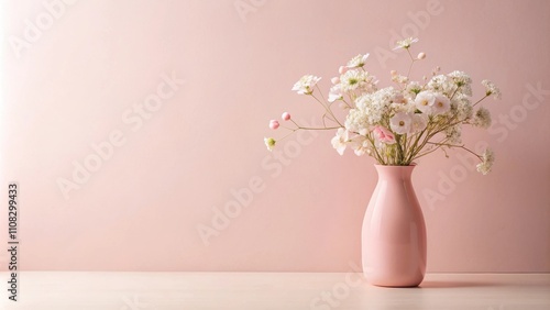 Wallpaper Mural A single pink vase filled with delicate white and pink flowers sits on a pale wood tabletop against a soft pink background. Torontodigital.ca