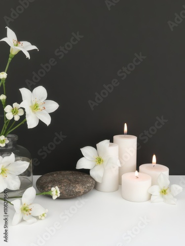 Minimalistic spa still life with elegant white flowers, candles, and a zen stone, zen stone