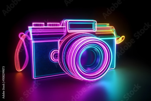 Vintage camera recreated in neon wireframe style, set against a dark background. photo