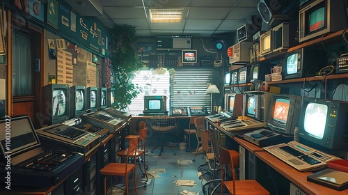 Retro room filled with vintage televisions, computers, and electronic equipment.