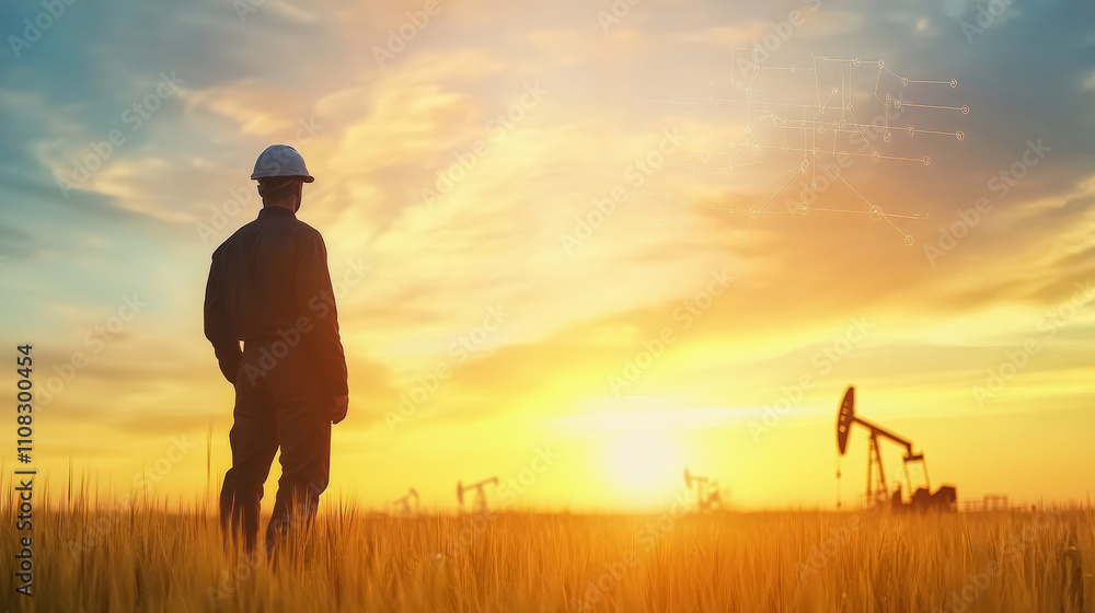 Fototapeta premium A worker in a hard hat stands in a field at sunset, observing active oil pump jacks on the horizon.
