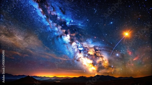 Celestial Tapestry A Milky Way Galaxy Display with a Shooting Star and Distant Mountain Silhouette