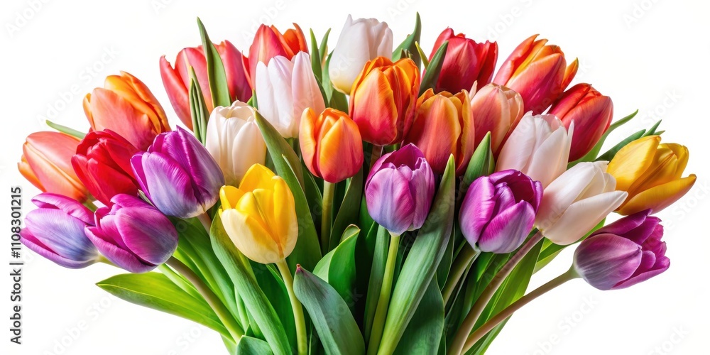 Fototapeta premium A vibrant bouquet of colorful tulips, showcasing a spectrum of hues, from rich crimson to delicate pastel pink, creating a beautiful and cheerful display.