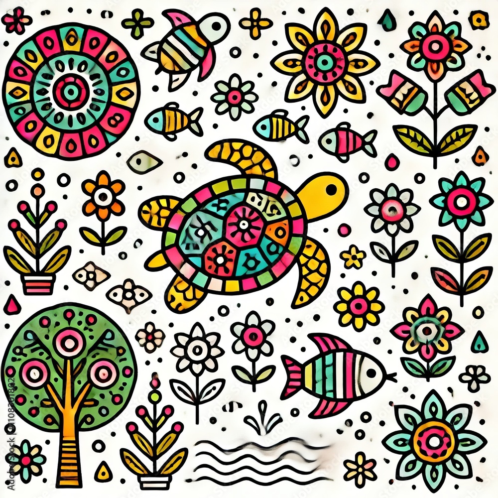 Naklejka premium Colorful Doodle Art Turtle Flowers Fish Nature Pattern