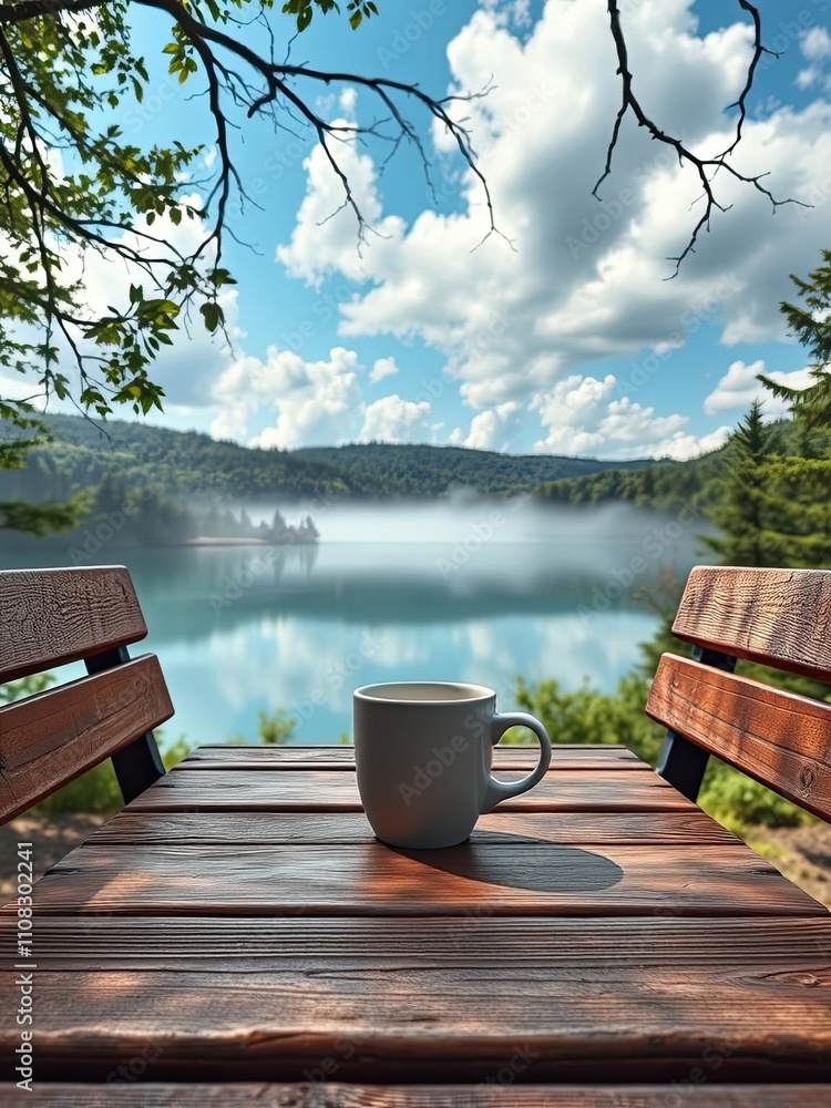 Fototapeta premium Coffee cup on a park bench with a scenic view of a lake, scenic spot, , outdoor seating, nature scene, peaceful atmosphere