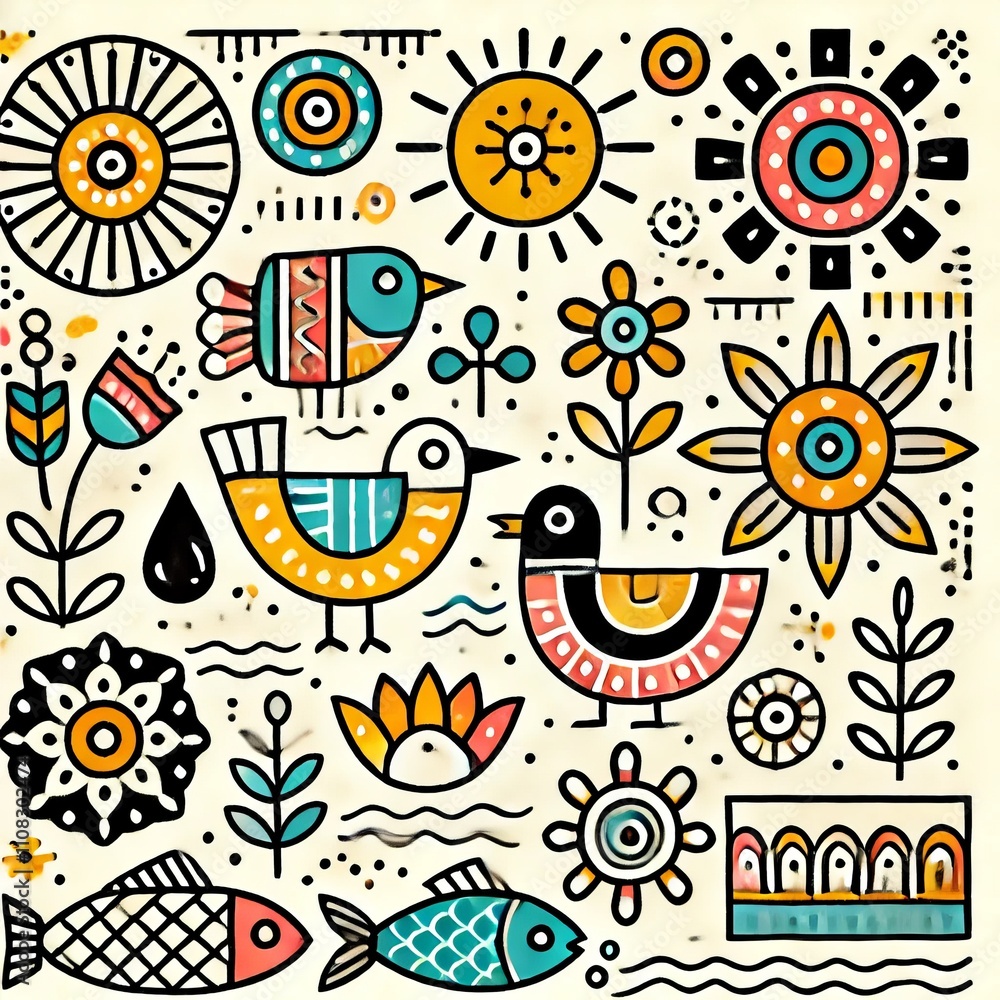 Fototapeta premium Whimsical Folk Art Birds Flowers and Fish Illustration