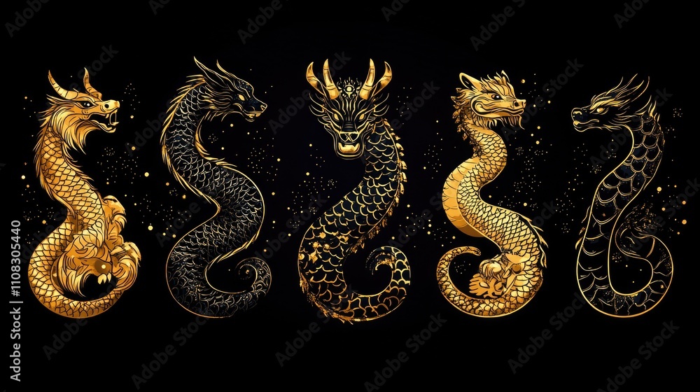 Golden dragon silhouettes: elegant mythical creatures on black background. Happy Chinese New Year Golden dragon silhouettes: elegant mythical creatures on black background. Happy Chinese New Year