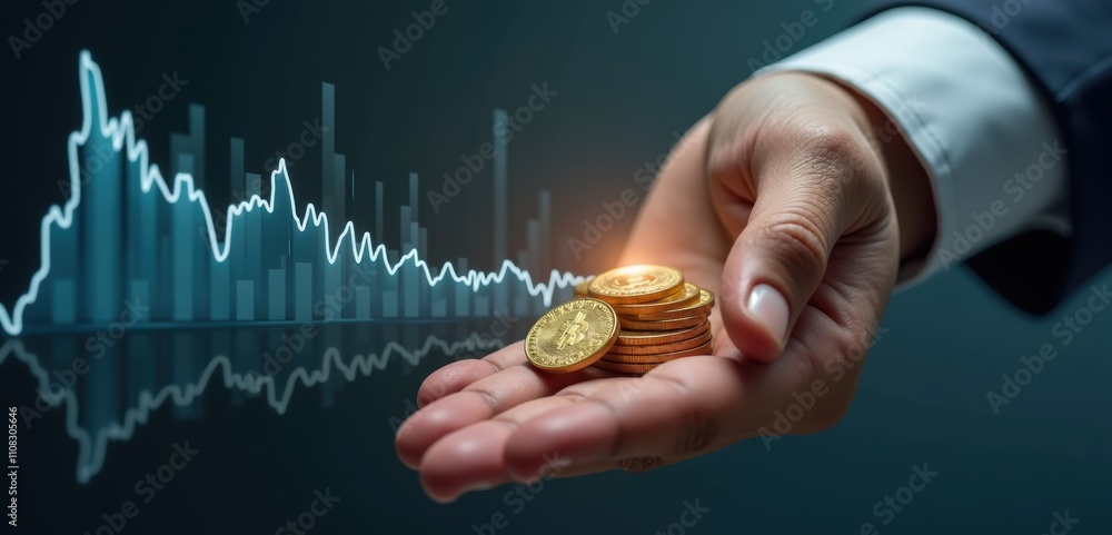 Obraz premium Open hand holds gold coins beside a glowing market chart. Concept of bank and fintech ads, investment newsletters, and accounting firm websites.
