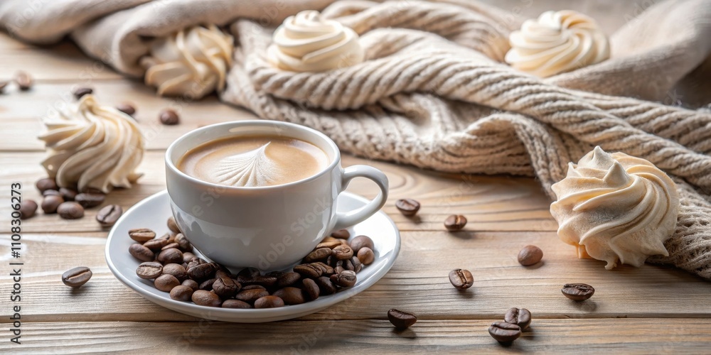 Fototapeta premium A cozy coffee break with a cup of frothy cappuccino, scattered coffee beans, and delicate white meringue cookies on a rustic wooden table